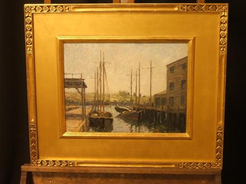 Appraisal: JAMES GOODWIN MCMANUS AMERICAN - BOATS IN DOCK Oil on