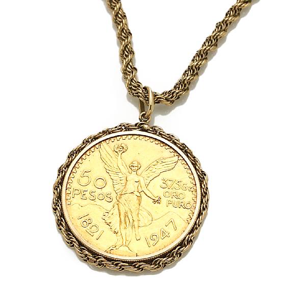 Appraisal: A gold coin pendant with fourteen karat gold chain featuring