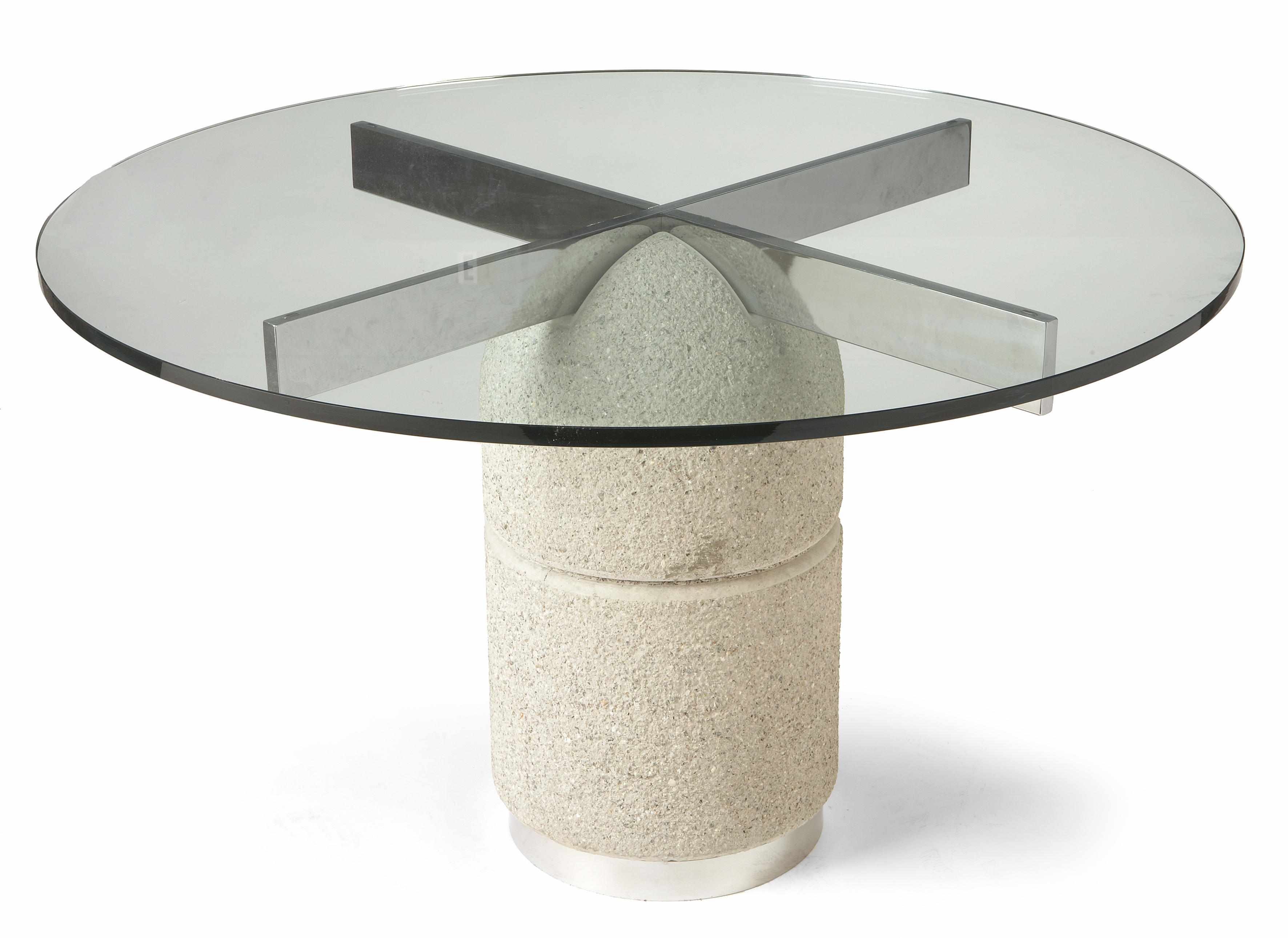 Appraisal: A cast concrete chromed metal and glass circular table circa