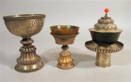 Appraisal: Three Sino Tibetan silver and jadeite mounted table items Comprise