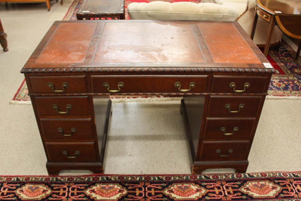 Appraisal: MAHOGANY FLAT-TOP DOUBLE-PEDESTAL DESK Chippendale Revival style American mid- th