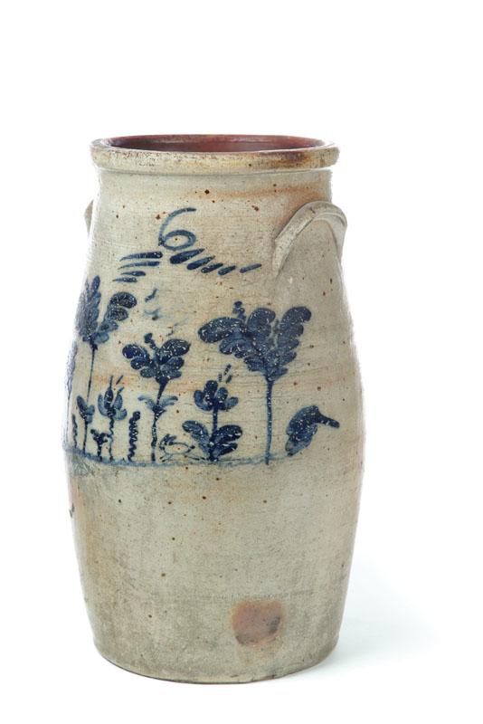 Appraisal: COBALT-DECORATED STONEWARE CHURN American mid-late th century Slightly bulbous form