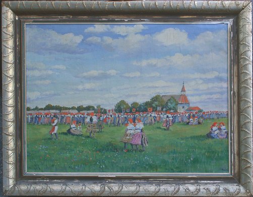 Appraisal: LARGE HUNGARIAN OIL C FESTIVAL '' x '' illegibly signed