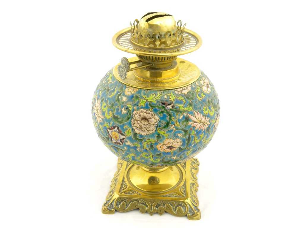 Appraisal: A BRASS-MOUNTED GIEN FAIENCE EMAUX CLOISONN OIL LAMP of globular