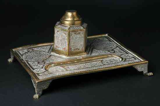 Appraisal: OTTOMAN SILVER AND COPPER INLAID BRASS INKWELL AND STAND th