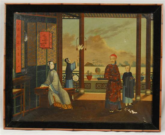 Appraisal: CHINA TRADE mid th century DOMESTIC SCENE oil on canvas