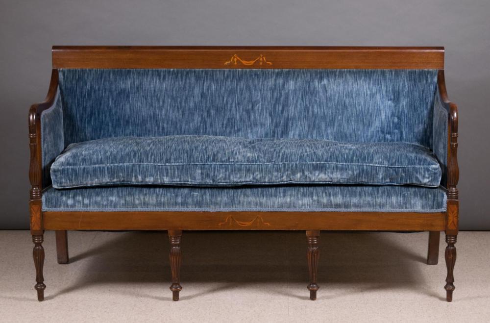 Appraisal: AN INLAID AND UPHOLSTERED MAHOGANY COUCH Sheraton Revival design American