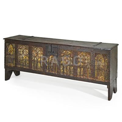 Appraisal: BELGIAN VESTMENT CHEST Oak with seven chip-carved figural panels strap