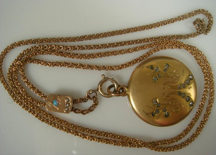 Appraisal: Gold-filled Victorian Slide Chain with Locket Monogrammed locked slide contains