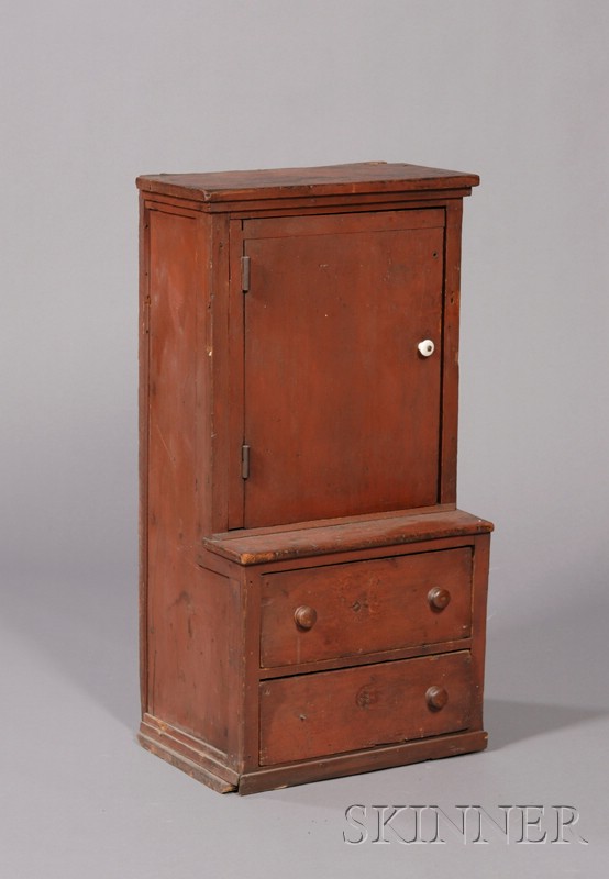 Appraisal: Diminutive Red-painted Pine Step-back Cupboard New England th century the