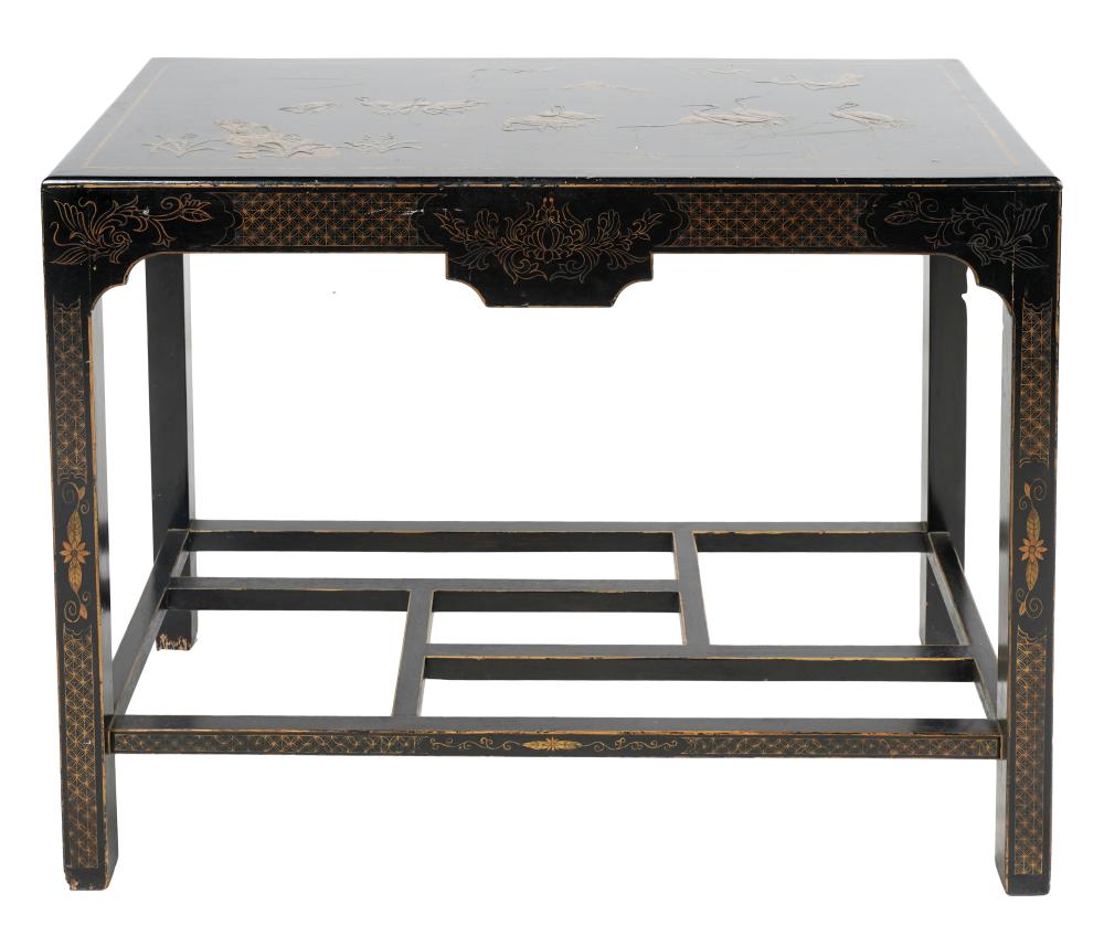 Appraisal: CHINESE-STYLE BLACK LACQUERED SIDE TABLE th century the top gilt-decorated