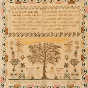 Appraisal: An English Needlework Embroidered Schoolgirl s Adam and Eve Sampler