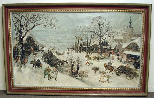 Appraisal: Village Genre' Landscape- winter falling snow oil on canvas x