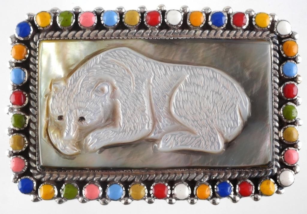 Appraisal: Mother of pearl relief carving of bear surrounded by beadwork