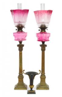 Appraisal: A Pair of Bronze and Glass Lamps th th century