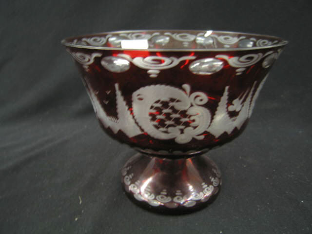 Appraisal: Ruby Cut-to-Clear Centerpiece Bowl deer castle bird foilage decor Bohemian