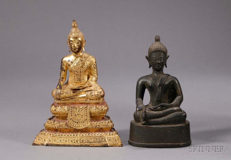 Appraisal: Two Bronze Buddhas Thailand th century a gold and red