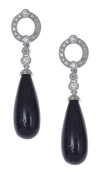 Appraisal: A PAIR OF ART DECO STYLE ONYX AND DIAMOND DROP