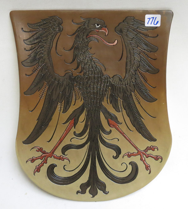 Appraisal: METTLACH ETCHED POTTERY PLAQUE Rampant Lion shield form Mettlach trademark