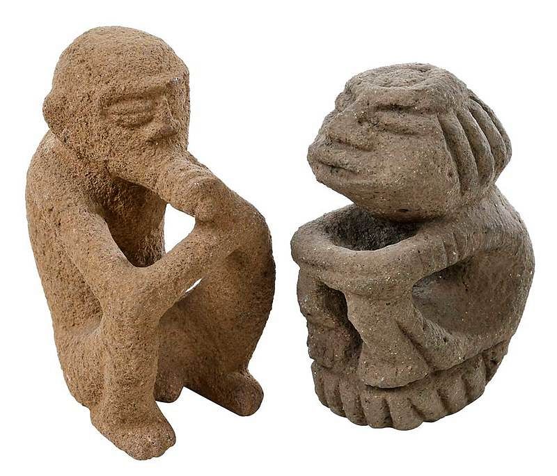 Appraisal: Two Seated Earthenware Figures possibly pre-Columbian seated monkey with bent