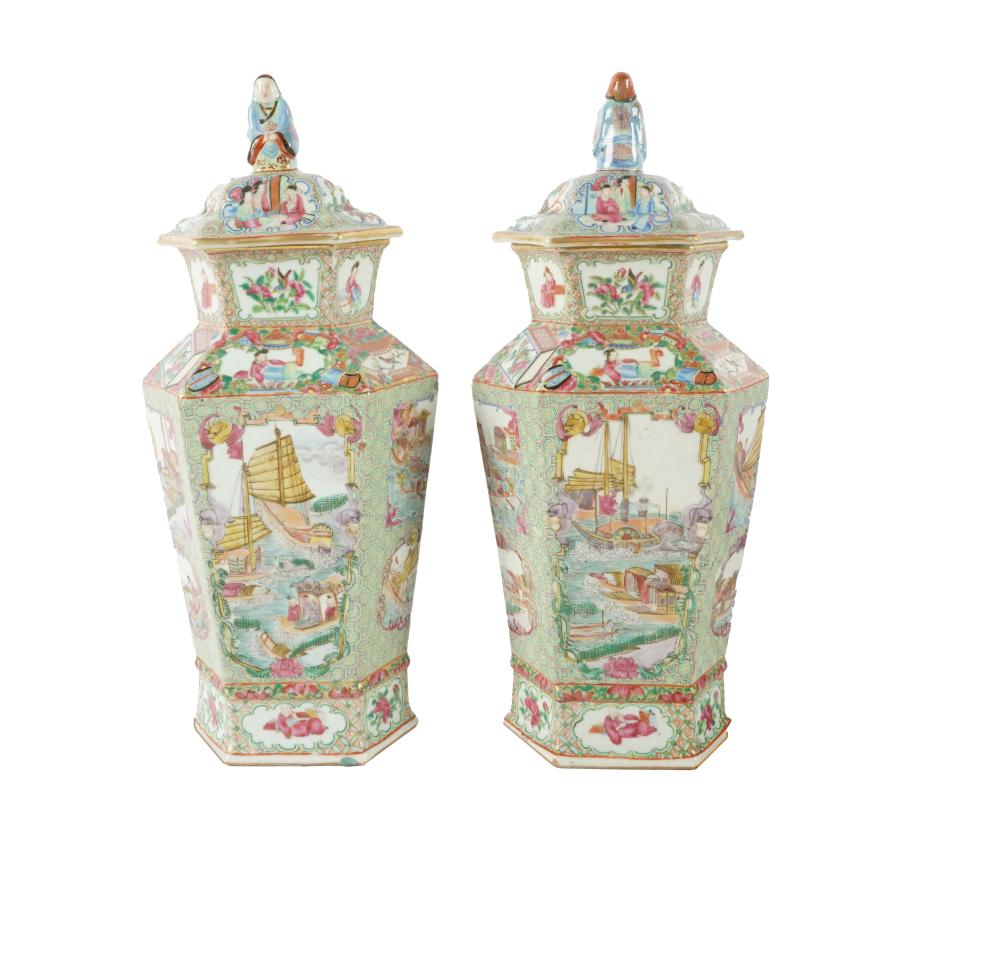 Appraisal: PAIR CANTON FAMILLE ROSE-STYLE PORCELAIN VASESunsigned hexagonal with covers inches