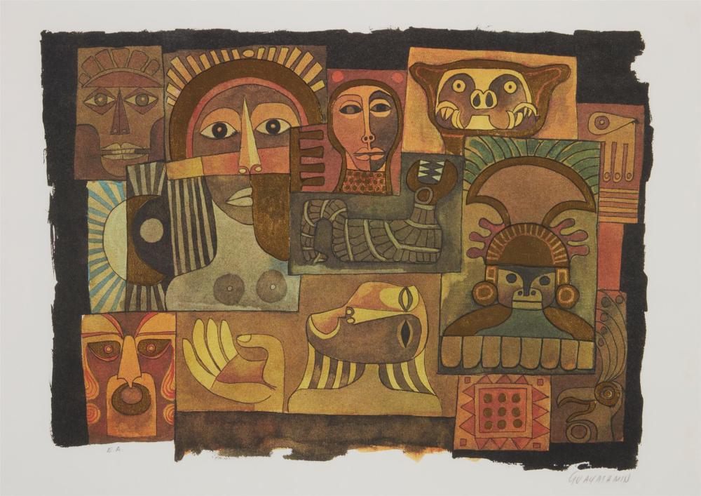 Appraisal: Oswaldo Guayasamin - Ecuadorian Pre-Colombian symbols Lithograph in colors on