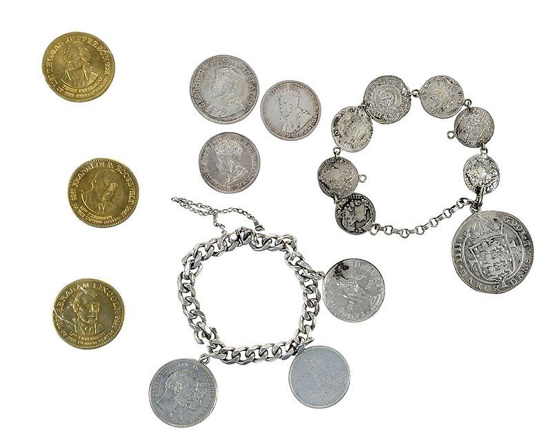 Appraisal: Two Coin Bracelets and Group of Coins bracelet with three