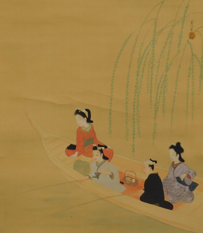 Appraisal: JAPANESE RIVER FISHING HANGING WALL SCROLL Japan Three geisha women