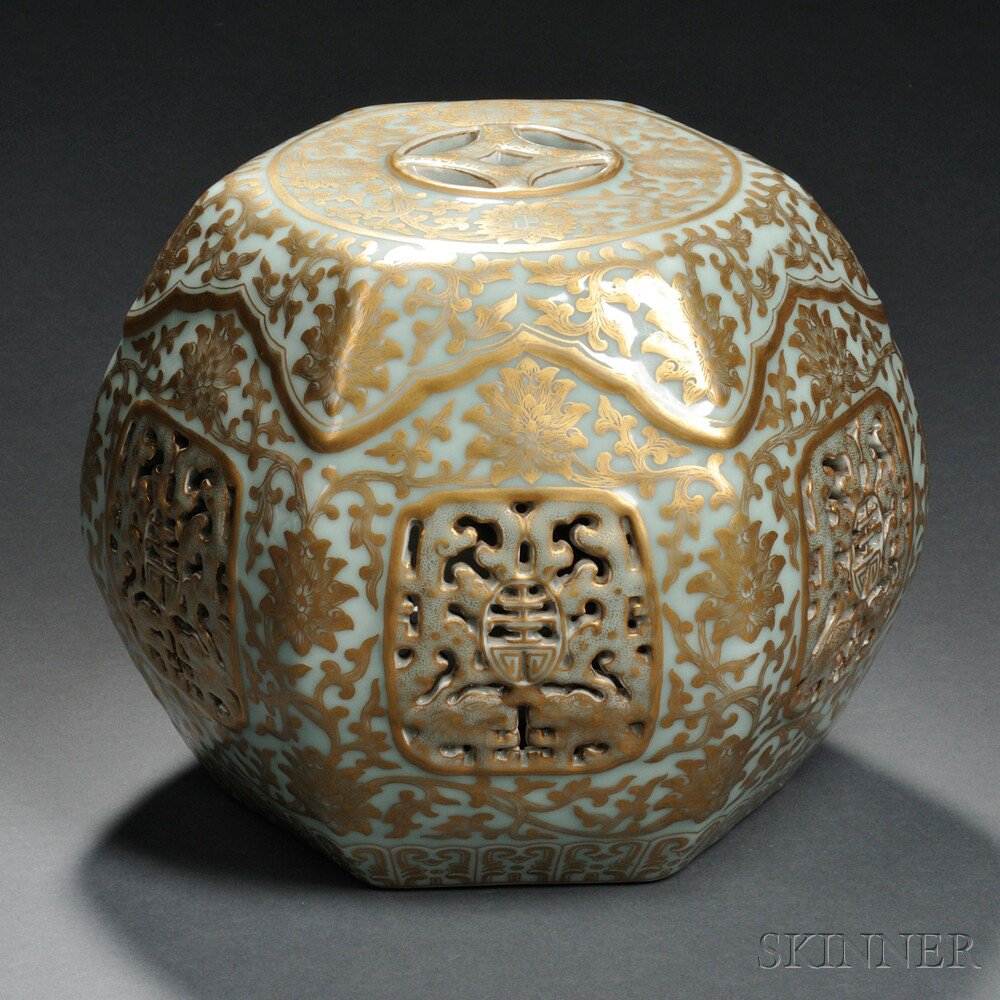 Appraisal: Large Porcelain Wrist Rest China hexagonal barrel-shape with gilt decoration