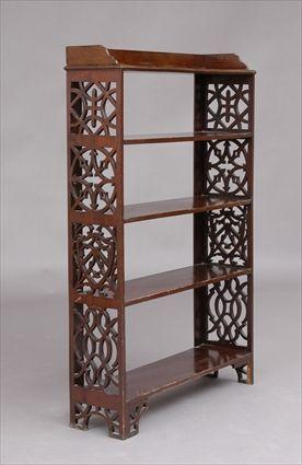 Appraisal: GEORGE III-STYLE MAHOGANY FRETWORK FREE-STANDING BOOKSHELF ft in x x