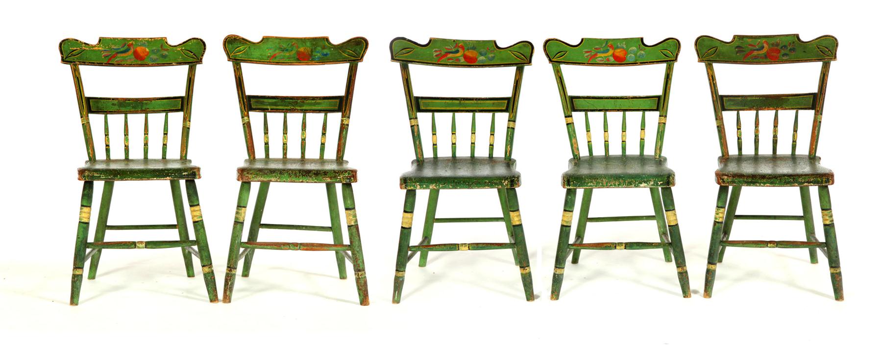 Appraisal: SET OF FIVE DECORATED WINDSOR CHAIRS American - mixed woods