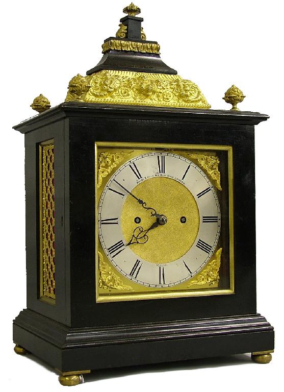 Appraisal: Ebonised and ormolu mounted double fusee bracket clock the back