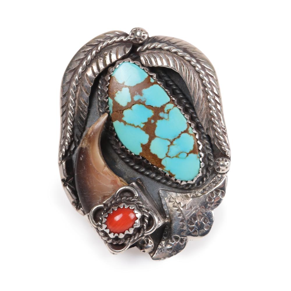 Appraisal: LARGE NATIVE AMERICAN STERLING SILVER RING STUDDED WITH TURQUOISE CORAL