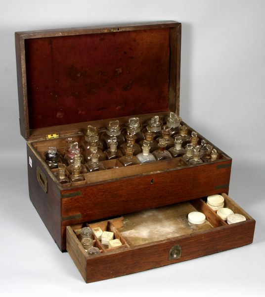 Appraisal: th Century brass-bound mahogany apothacary box with glass bottles some