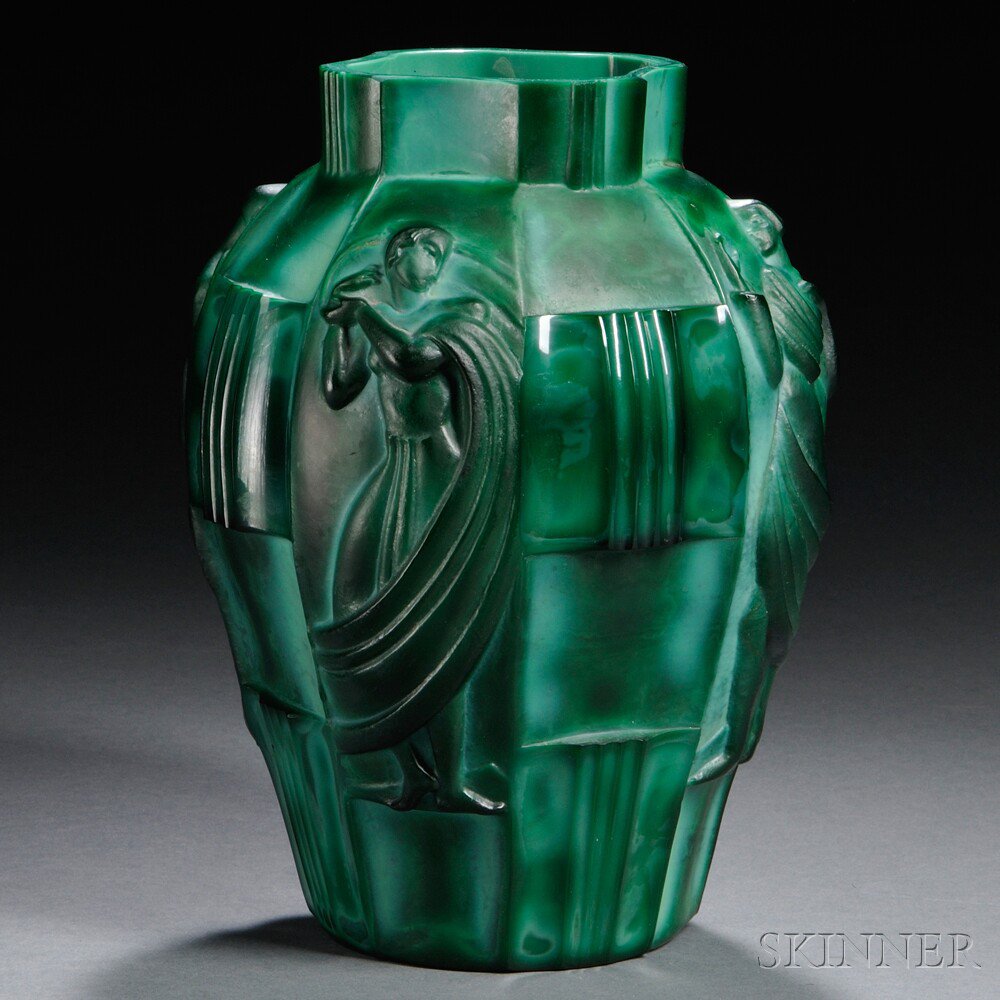 Appraisal: Schlevogt Art Deco Malachite Glass Vase Art glass Czechoslovakia c