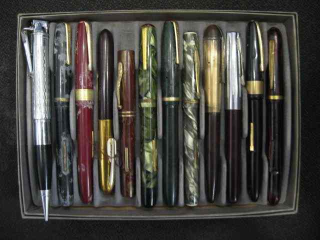 Appraisal: Tray of Old Fountain Pens and Pencil one interesting lighter