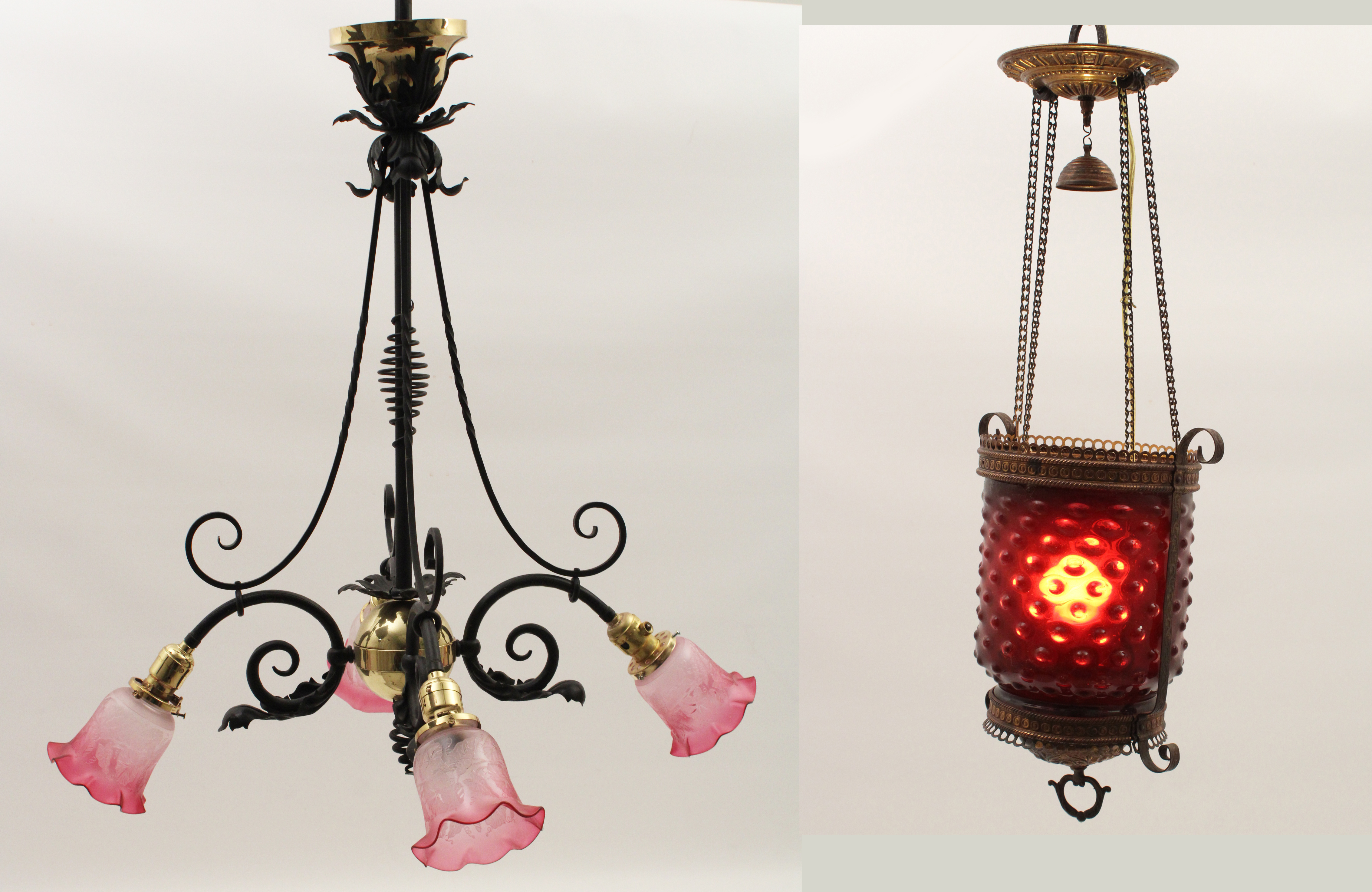 Appraisal: VICTORIAN STYLE CRANBERRY SHADE FIXTURES Two Victorian style cranberry shade