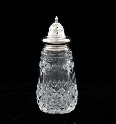 Appraisal: A Cut Crystal Muffineer With a cut crystal container and