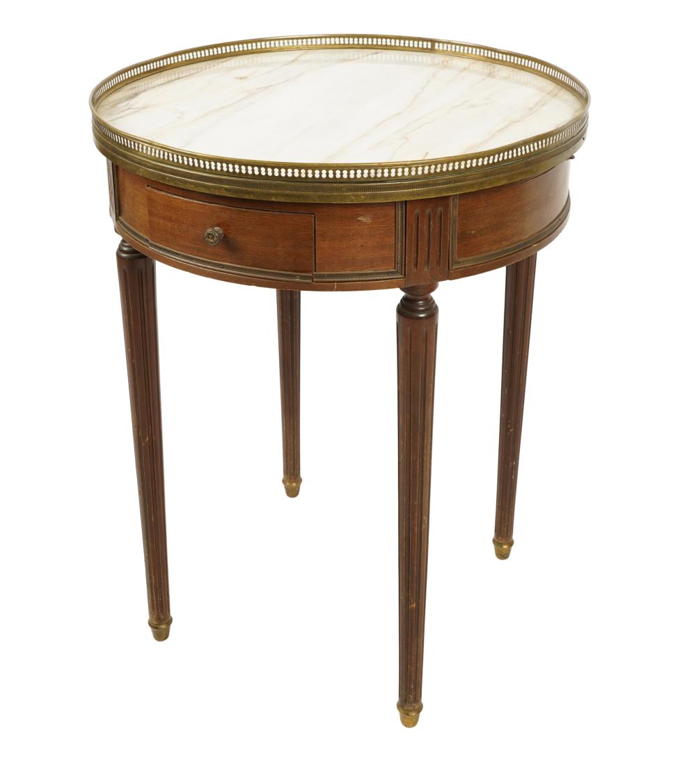 Appraisal: LOUIS XVI STYLE MARBLE-TOP BOUILLOTTE TABLEafter Condition bending to gallery