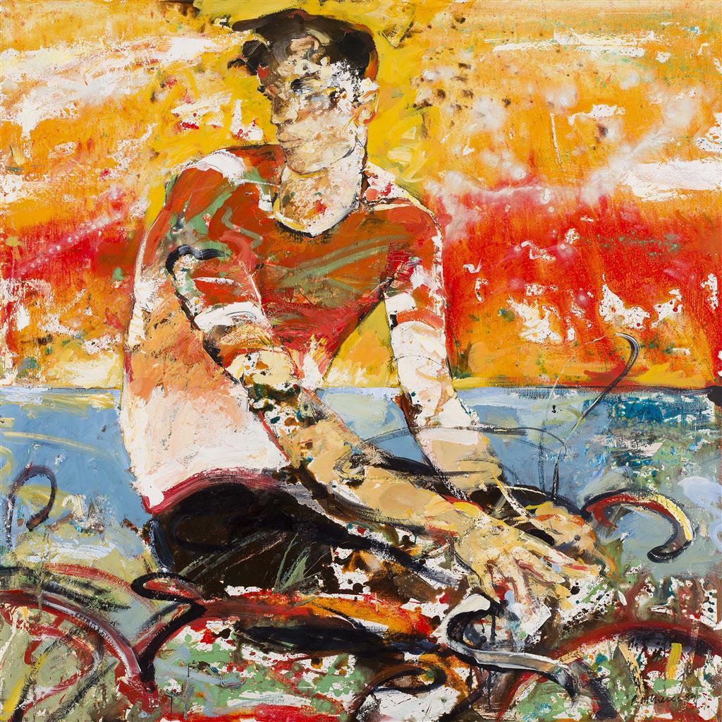 Appraisal: PETER MCLAREN SCOTTISH B SUNSET FIGURE IN A HOT LANDSCAPE