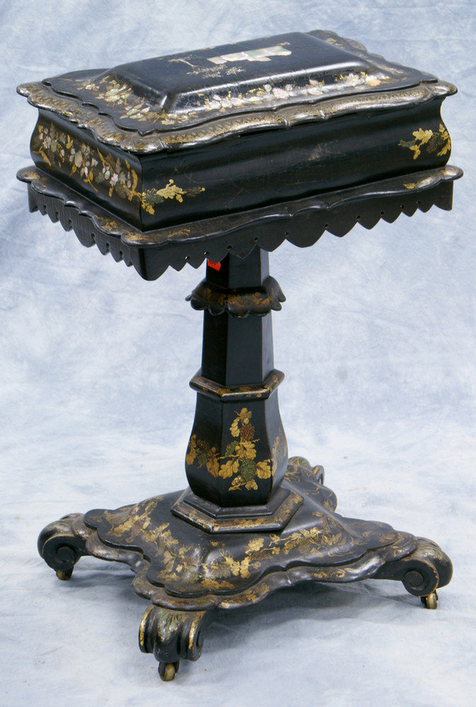 Appraisal: Gilt decorated black lacquer and MOP inlaid Victorian paper mache