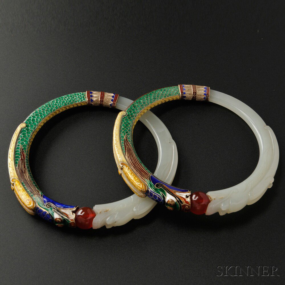 Appraisal: Rare Pair of Jade and Enamel Bangles Marie Zimmermann each