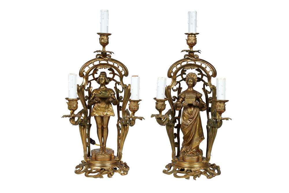 Appraisal: PAIR FRENCH GILT METAL CANDELABRA AFTER ORMETHeach signed in casting