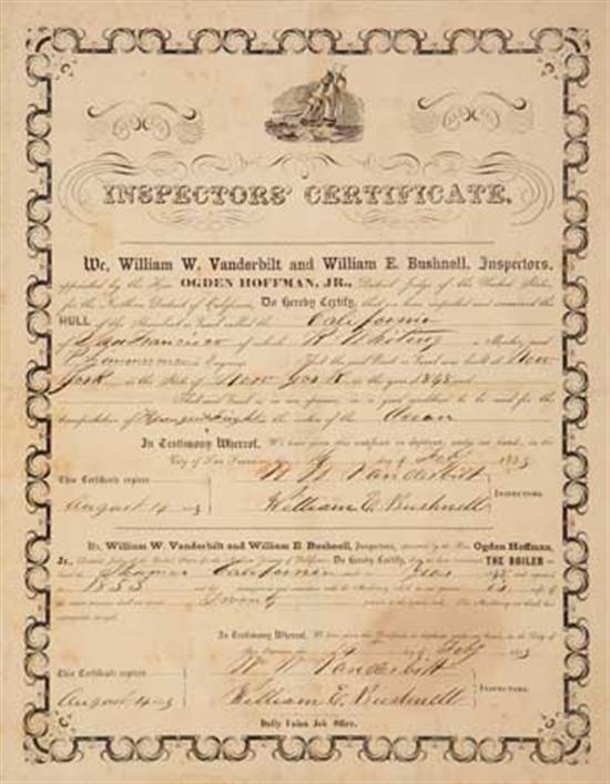 Appraisal: INSPECTOR'S CERTIFICATE California Partly Printed Document Accomplished in Manuscript certifying