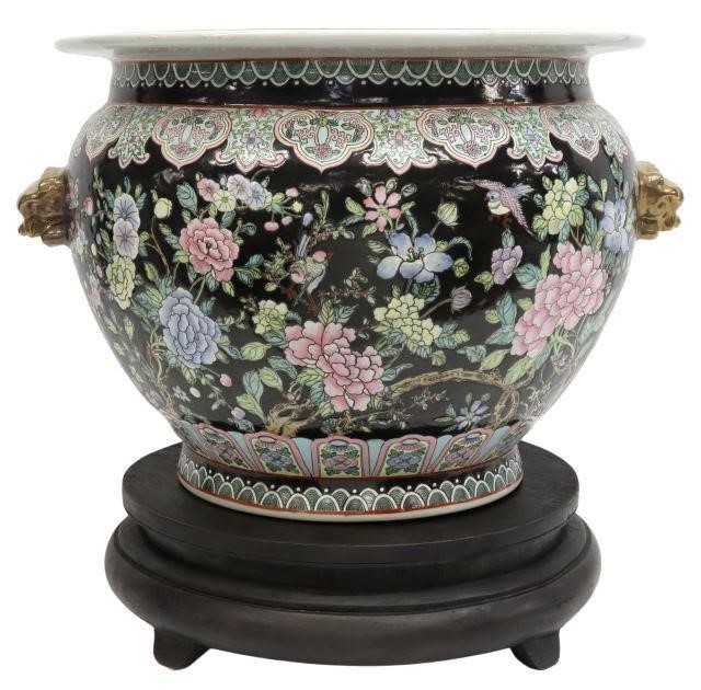 Appraisal: Chinese famille noir porcelain fishbowl floral and bird motifs interior