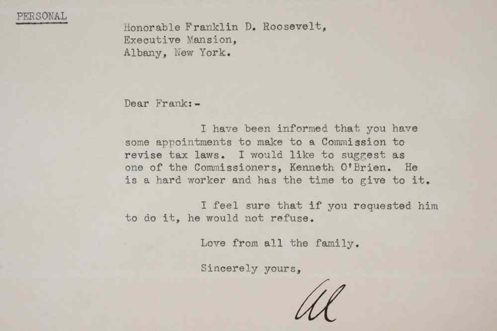 Appraisal: ALFRED E SMITH-TYPED LETTER SIGNED TO FRANKLIN D ROOSEVELT- June