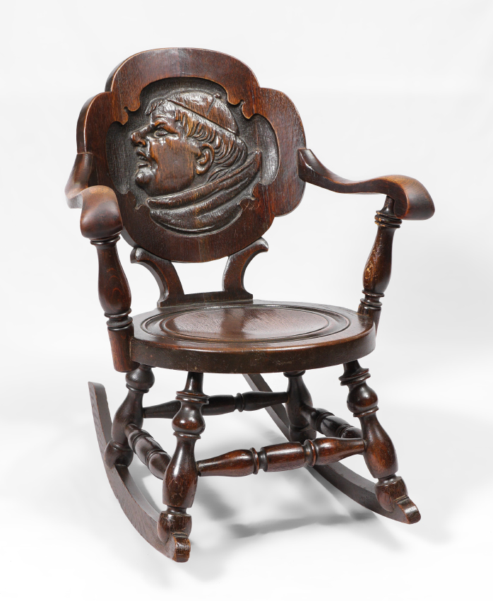 Appraisal: FIGURAL MONK CARVED OAK ROCKER Shaped back with carved relief