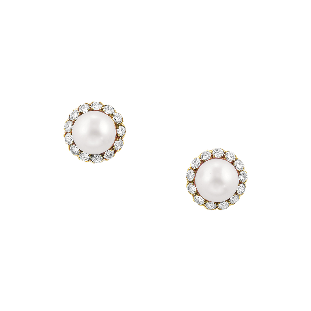 Appraisal: Pair of Gold Cultured Pearl and Diamond Earclips kt centering