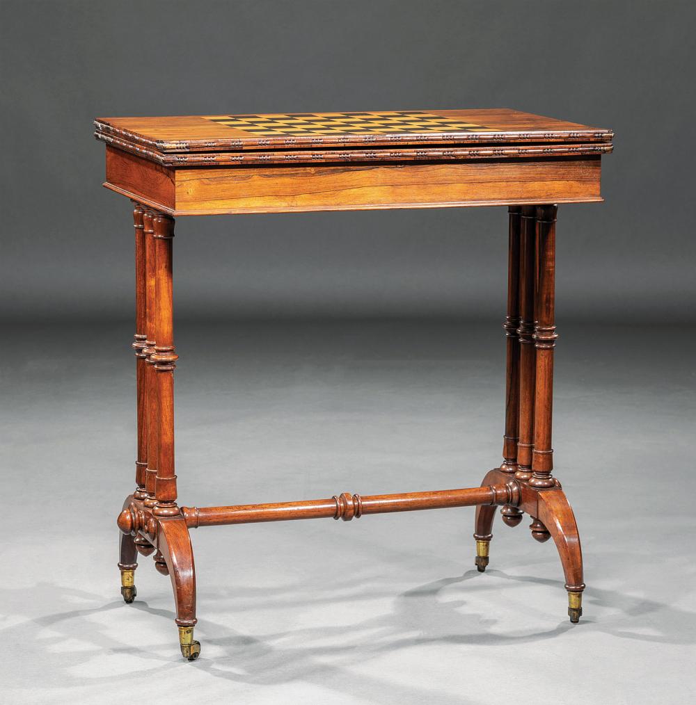 Appraisal: Regency Inlaid Rosewood Games Table th c checkerboard foldover swivel