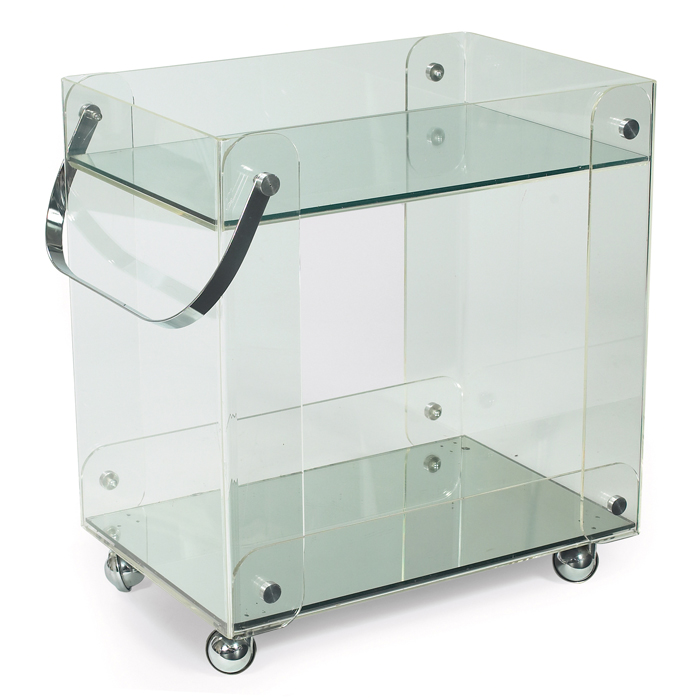 Appraisal: Lucite bar cart s clear structure with mirror glass to